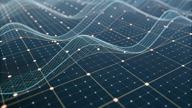 A digital visualization featuring flowing lines and grids, representing data analysis or technology concepts in a modern, abstract style.