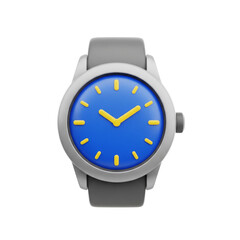 Watch with blue face and yellow hands isolated on transparent background