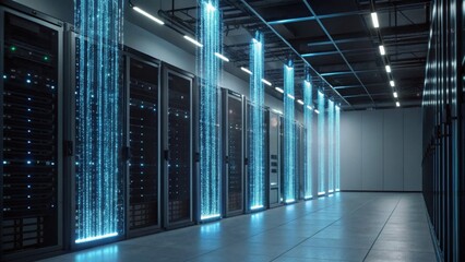 A futuristic data center with illuminated server racks and flowing blue data streams, emphasizing technology and digital infrastructure.