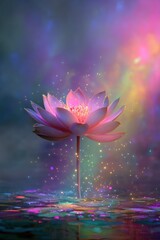 Pink lotus flower glowing with magical sparkles in colorful water Nature