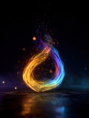 Swirling fiery vortex with glowing particles and reflections on dark surface