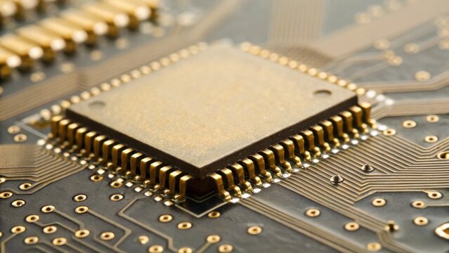 A close-up view of a microchip on a printed circuit board, showcasing intricate connections and a golden surface.