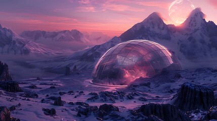 A futuristic dome structure in a snowy landscape with mountains and sunset sky