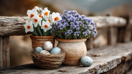 Bird's nest with easter eggs and spring flowers on rustic wood