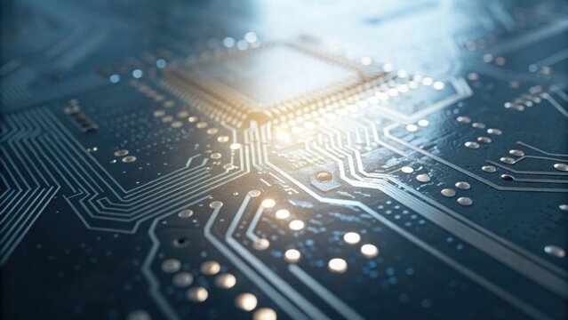 Close-up of a circuit board with intricate wiring and illuminated components, showcasing technology and innovation in electronics.