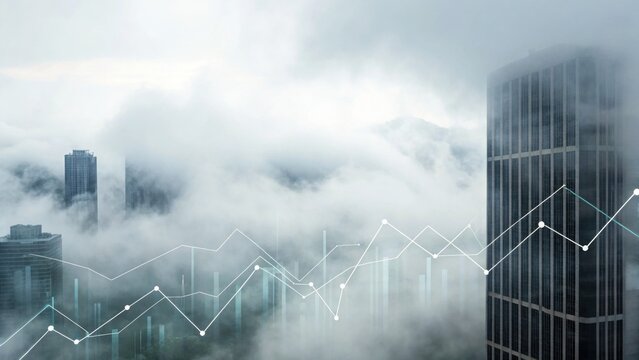A foggy cityscape featuring skyscrapers with an overlay of financial graphs, representing growth and economic trends in an urban environment.