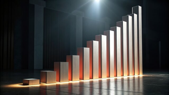 A sleek bar chart made of illuminated blocks, representing growth and progress in a dark, modern environment.