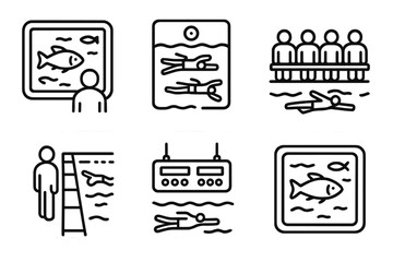 Obraz premium Underwater Viewing Icons. Line style icons of underwater spectatorship: view from glass window, top-down camera angle, team bench