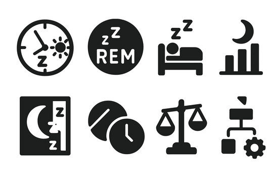 Sleep Cycle Icons. Solid style icons of sleep cycle optimization: circadian rhythm icon, REM ring badge, deep sleep glyph. Sleep