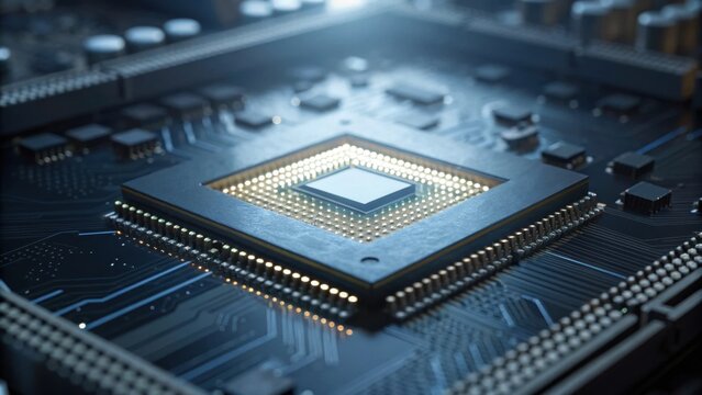 A close-up view of a microprocessor on a circuit board, showcasing intricate details and a glowing effect.