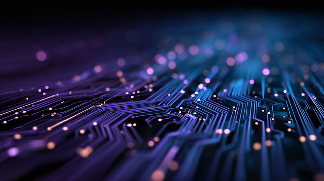 A detailed view of a circuit board illuminated with digital lights, representing the complexities of modern technology.