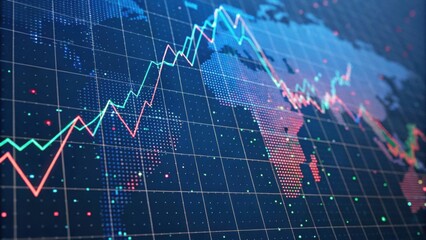 A digital representation of global financial data, featuring colorful line graphs mapping trends across a world map backdrop.