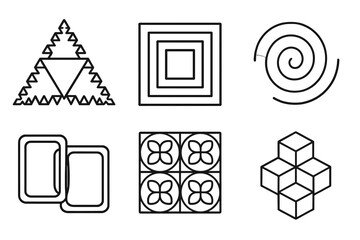 Recursive Pattern Icons. Line style icons of recursive visuals: self-repeating shapes, nested squares, looped spirals, mirror