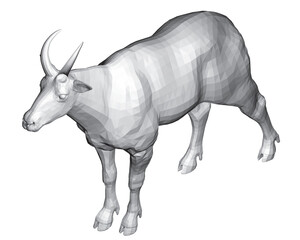 Polygonal mountain goat with horns stands on a white background. Its geometric form features various shades of grey and white for a unique, eye-catching look. Isometric view