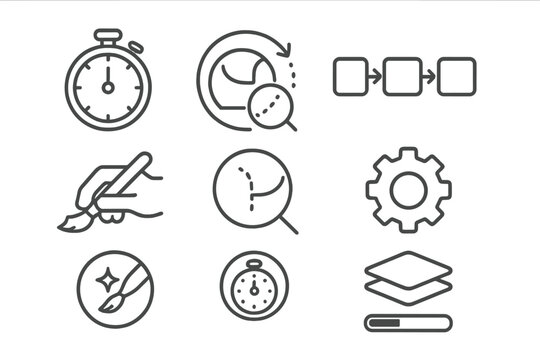 Time-Lapse Crafting Icons. Line style round vector icons of Time-Lapse Crafting: Stopwatch, In-Progress Icon, Craft Step Sequence,