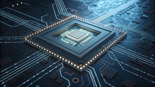 A detailed close-up of a microprocessor on a circuit board, showcasing intricate designs and connections reflecting advanced technology.