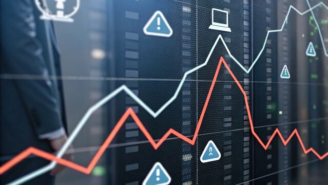 A digital graph displaying fluctuating data trends with warning symbols, emphasizing analytics and technology in a business environment.