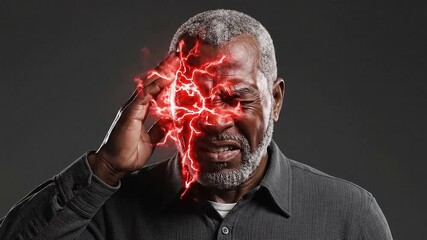 Elderly Man Experiencing Head Pain With Red Energy Visuals Grey Background Symptom Concept