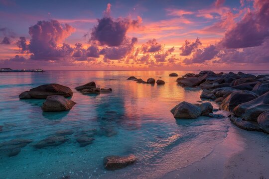 Wooden boat floating in the turquoise water off a sandy beach at dusk in the maldives with colorful clouds