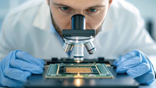 A scientist examines a microchip under a microscope, showcasing precision and technology in a laboratory setting.