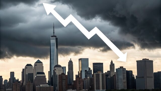 A city skyline under ominous clouds features a downward trend line, symbolizing economic decline or challenges facing urban environments.