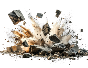 A realistic depiction of an explosion, with rocks and debris flying outward from a central point, forming a dynamic burst