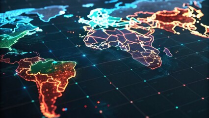 A vibrant, digital map of the world highlights continents with glowing outlines, showcasing geographical data and global connectivity.