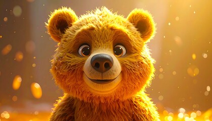 A close-up, friendly portrait of a cuddly, cartoonish bear with golden-brown fur and expressive eyes, in a warm, bokeh-filled environment