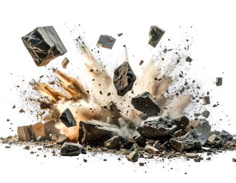 A realistic depiction of an explosion, with rocks and debris flying outward from a central point, forming a dynamic burst