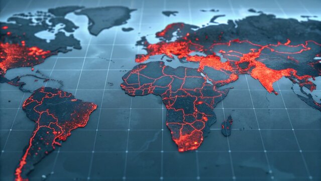 A digital world map highlighted with glowing red outlines representing geographic data or trends.
