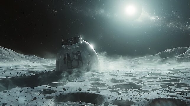 A lunar module rests on the surface of the moon with stars and distant light above - Powered by Adobe
