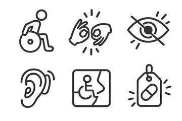 Special Needs Icons. Line style icons of special needs and accessibility: mobility assistance icon, sign language alert, vision