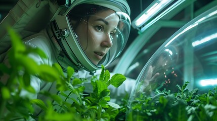 Woman in spacesuit tending to plants inside a habitat with artificial lighting