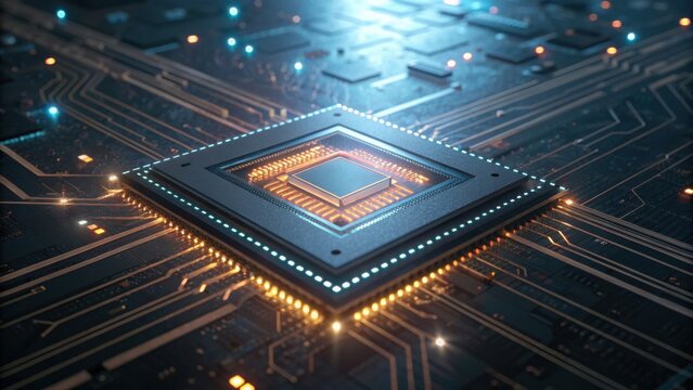 A close-up view of a computer chip on a circuit board, showcasing intricate patterns and glowing elements, highlighting technology and innovation. - Powered by Adobe