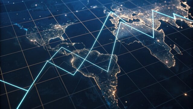 A digital map of the world displaying illuminated continents and fluctuating graphs, representing global data trends and analysis.