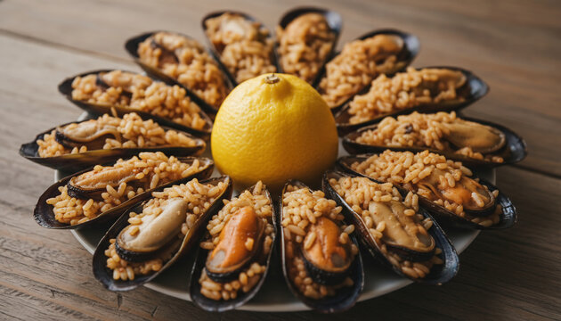 A close-up of traditional Istanbul street food midye dolma, neatly arranged with rice-stuffed mussels and a fresh lemon centerpiece.