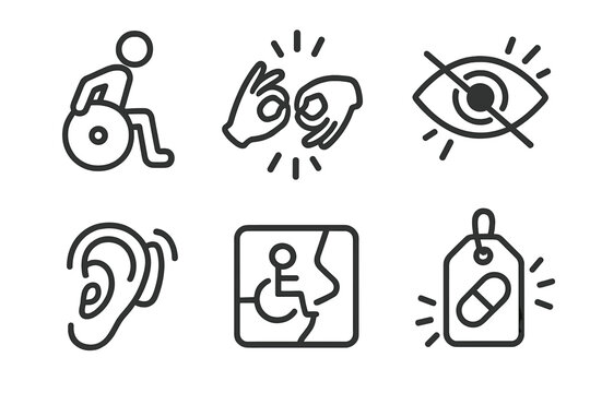 Special Needs Icons. Line style icons of special needs and accessibility: mobility assistance icon, sign language alert, vision