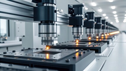 A modern production line featuring advanced machinery with precision cameras, highlighting industrial automation and technological innovation.