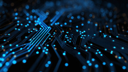 Intricate circuit board with glowing blue lights, symbolizing technology and connectivity