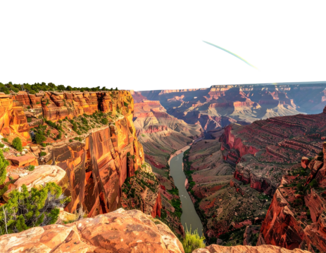 A scenic vista of a vast canyon with layered rock formations, a winding river below, and an expansive sky