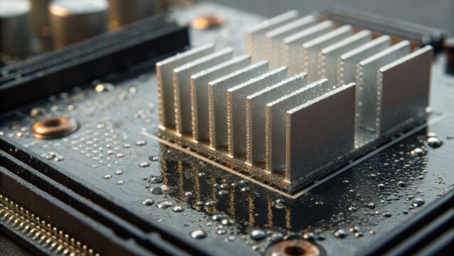 A close-up of a metallic heat sink on a circuit board with droplets of water, highlighting the intricate design and cooling technology used in electronics.
