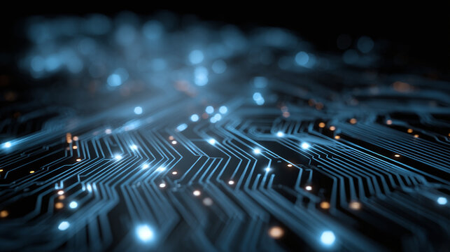 A detailed view of a computer circuit board, with glowing blue lights and intricate pathways. The image has a futuristic and technological feel.  - Powered by Adobe