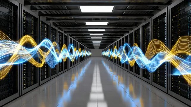 A modern data center filled with server racks, illuminated by vibrant light waves representing data transfer