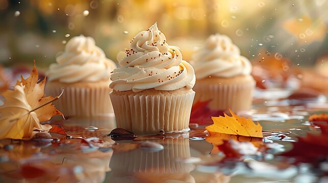 Three cupcakes with cream frosting and sprinkles surrounded by autumn leaves outdoors