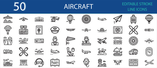 Collection of 50 editable line icons of aircraft and aviation elements. Includes airplanes, pilots, airports, flight tickets, drones, luggage, parachutes, and air travel equipment. © Fifty Icons