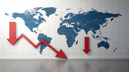 A world map with arrows depicting declining trends, symbolizing economic downturn or global challenges.