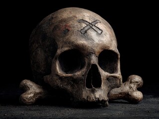 Obraz premium Aged Skull with Etched Crossbones on Forehead, Resting on Crossbones Against Dark Background - Symbol of Mortality and Danger