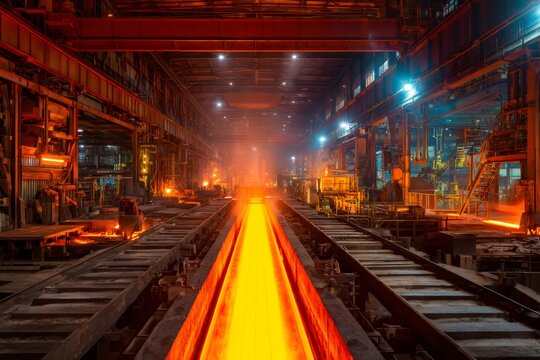 Glowing hot steel slab moving in manufacturing process