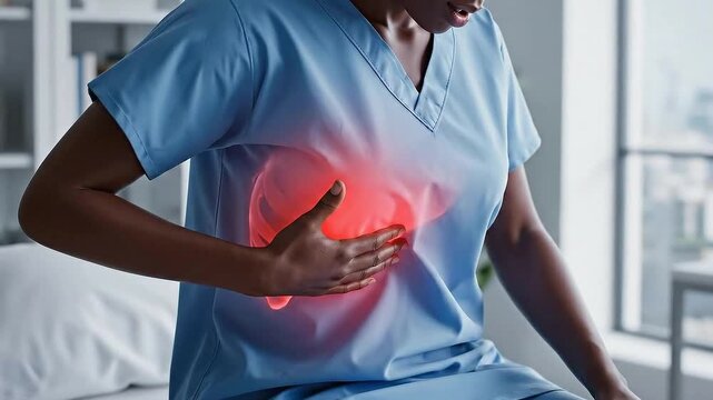 Woman Experiencing Pain in Liver Region Wearing Medical Uniform with Red Highlighting