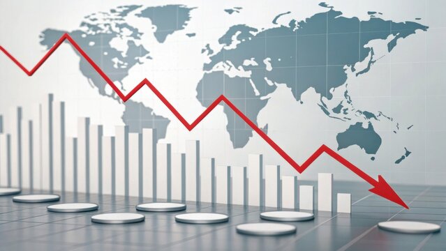 A financial graph shows a downward trend against a world map backdrop, symbolizing economic decline or market challenges. - Powered by Adobe